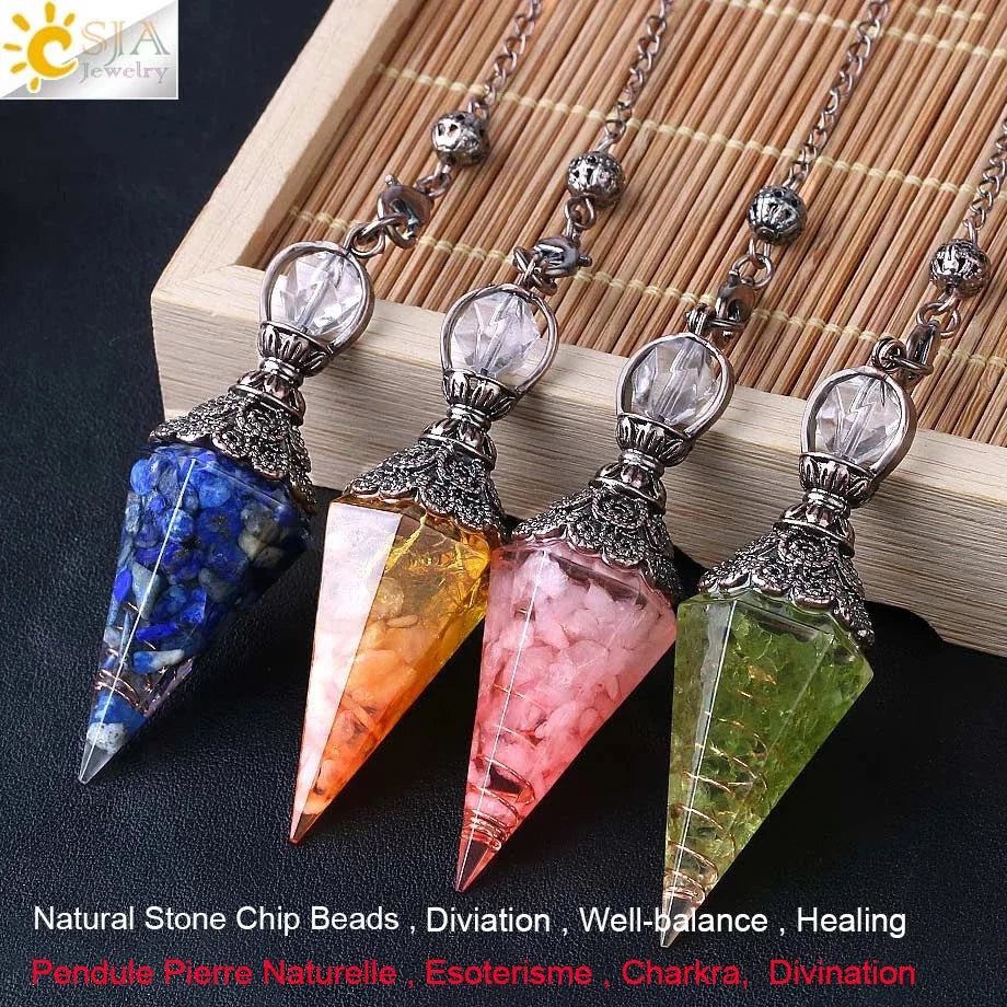 CSJA 7 Chakra Healing Crystals Pendulum for Dowsing Divination Quartz Natural Stone Pendulums Antique Reiki Pendant Pendulo G854