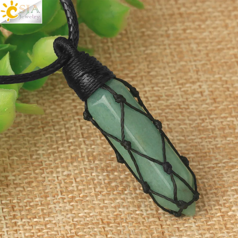 CSJA Healing Crystals Necklaces Stone Quartz Pendants Natural Rope Wrap Necklace Amethysts Pink Green Aventurine Tiger Eye G696