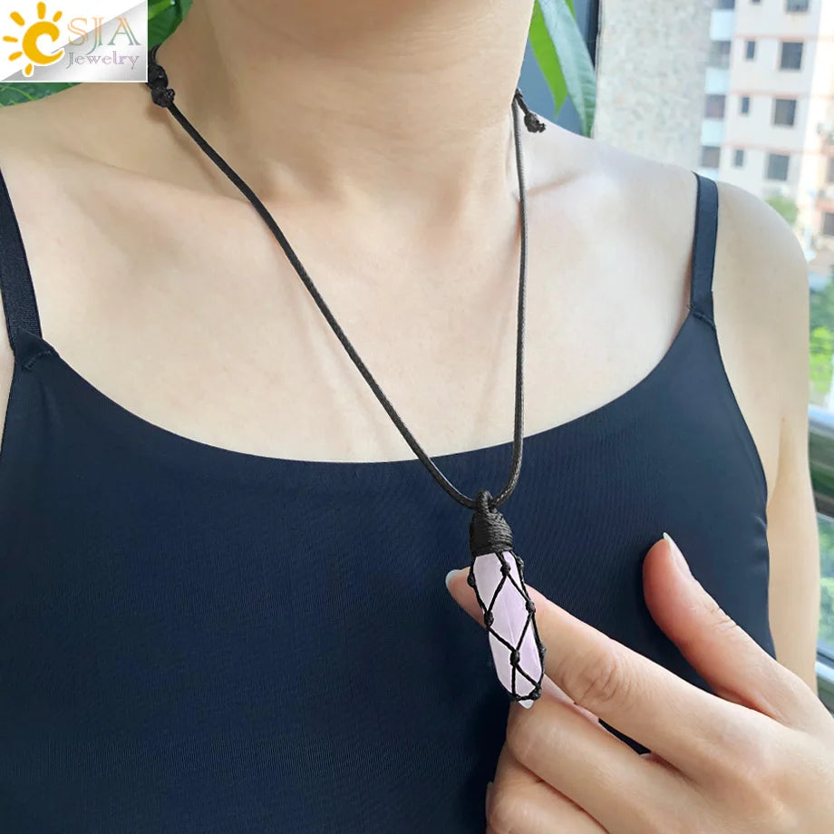 CSJA Healing Crystals Necklaces Stone Quartz Pendants Natural Rope Wrap Necklace Amethysts Pink Green Aventurine Tiger Eye G696