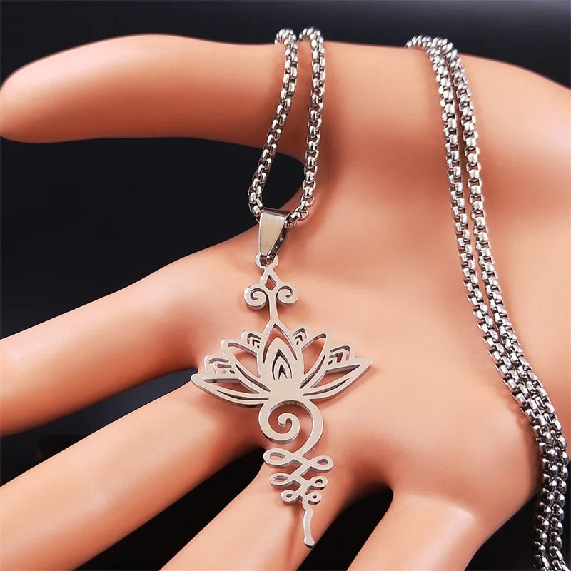 Hippie Stainless Steel Yoga Lotus Necklace Women/Men Spiritual Chakra Symbol Flower of Life Necklaces Jewelry collar N7067S02