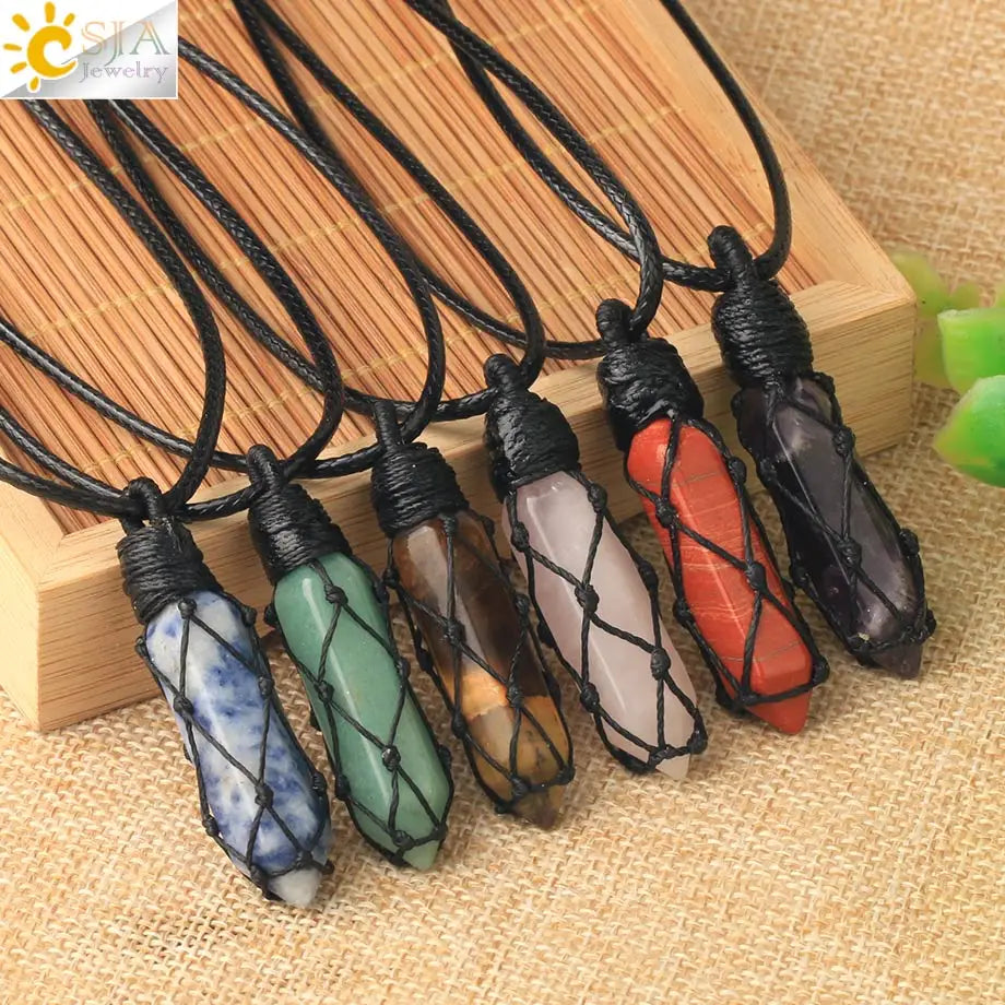 CSJA Healing Crystals Necklaces Stone Quartz Pendants Natural Rope Wrap Necklace Amethysts Pink Green Aventurine Tiger Eye G696