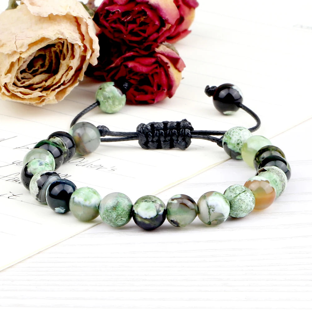 8mm Men Women Fire Agates Onyx Beads Bracelet Bangles Healing Natural Stone Chakra Prayer Charm Buddha Adjustable Jewelry Gifts