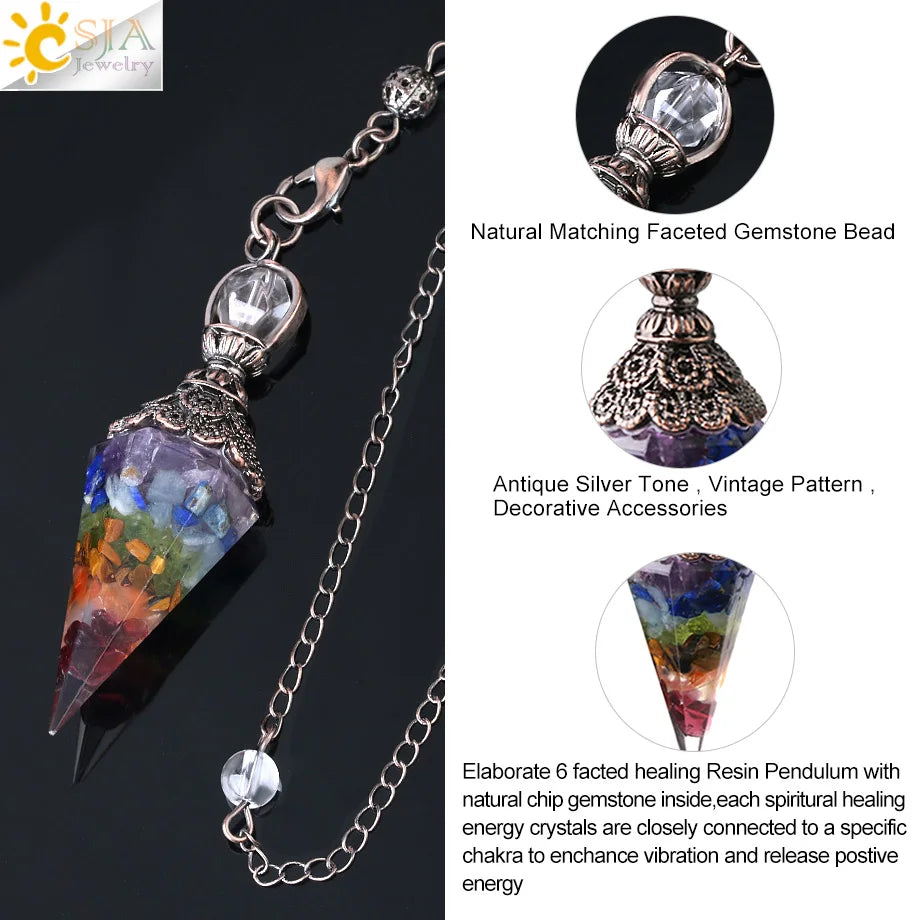 CSJA 7 Chakra Healing Crystals Pendulum for Dowsing Divination Quartz Natural Stone Pendulums Antique Reiki Pendant Pendulo G854