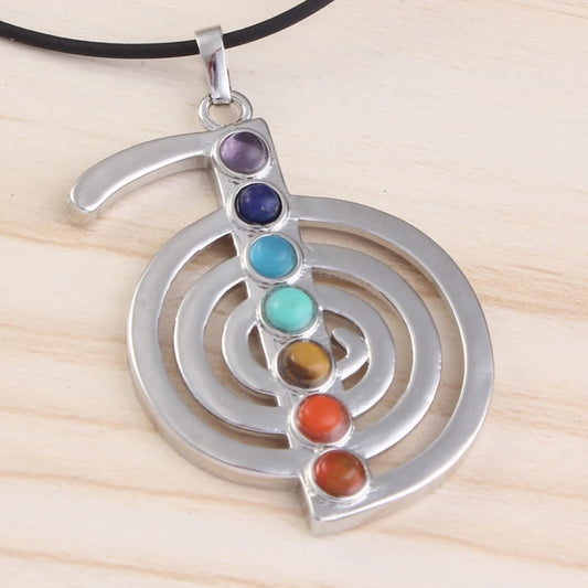 KFT Silver Plated Natural 7 Chakra ReiKi Stone Beads Energy Symbol Healing Crystal Balance Chakra Pendant Divination Jewelry