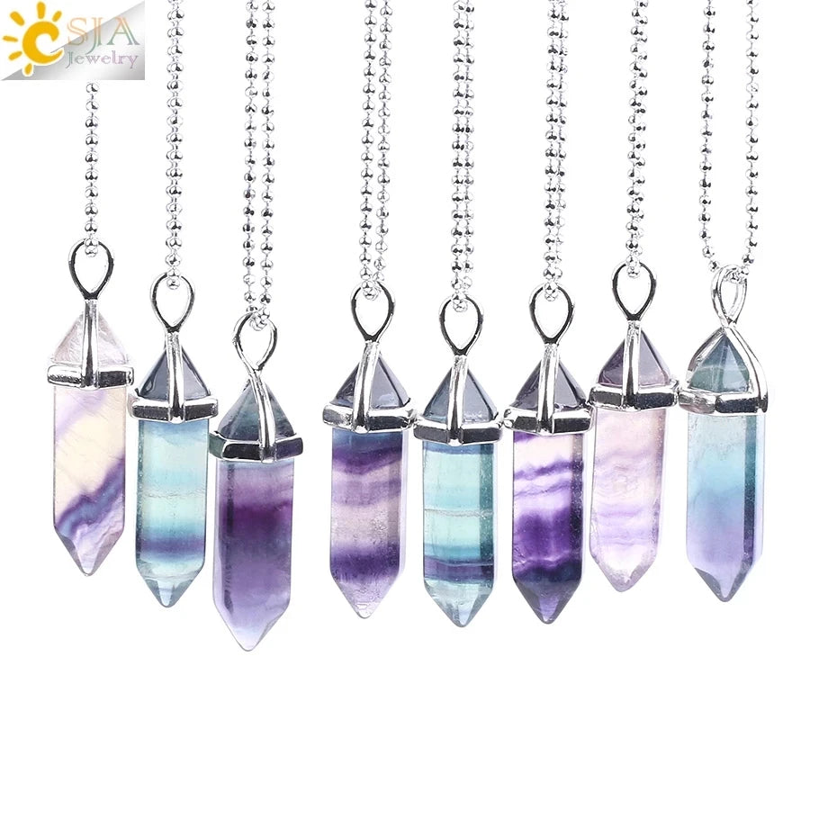 CSJA Fluorite Necklaces Crystal Pendants Suspension Natural Gem Stone Quartz Bullet Hexagonal Pendulum Reiki Chakra pendulo E546