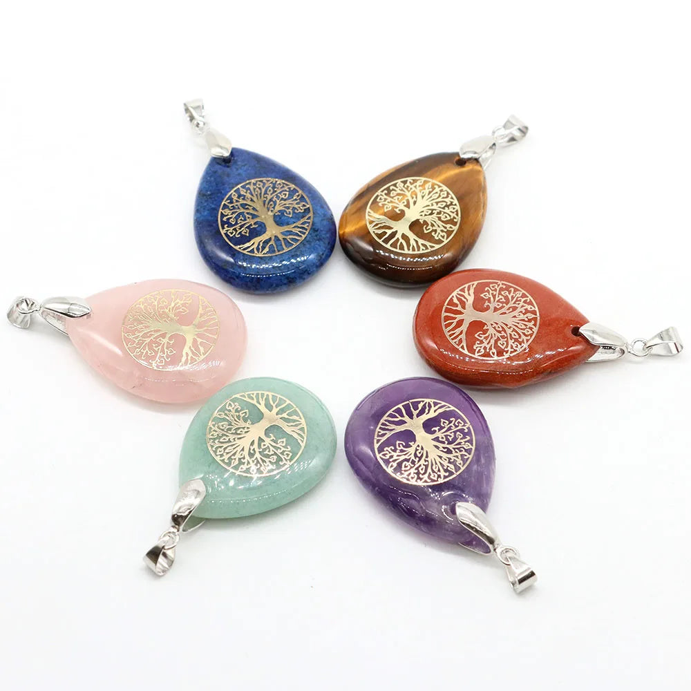 7 Chakra Stone Tree of Life Pendant Natural Water Drop Necklaces Rose Crystal Pink Quartz Amethyst Lapis Lazuli Tiger Eye Gifts