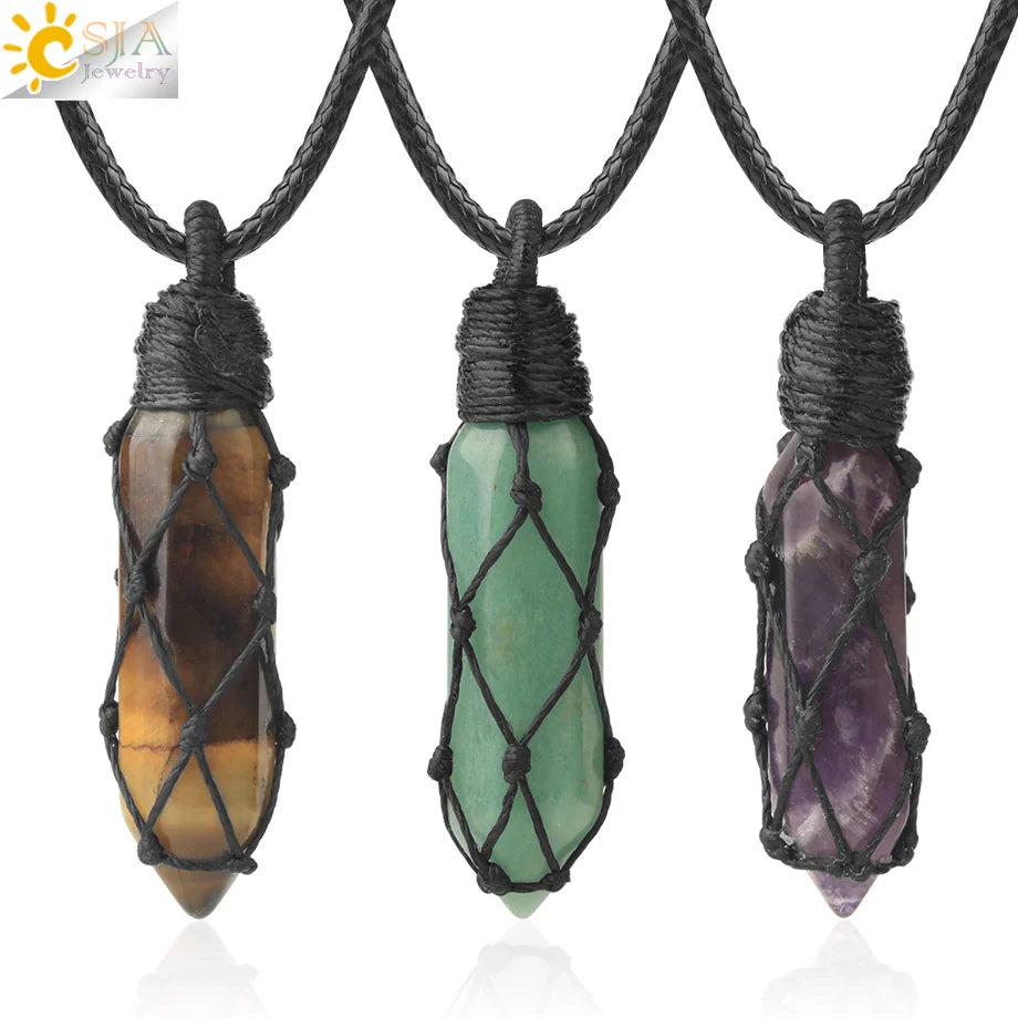 CSJA Healing Crystals Necklaces Stone Quartz Pendants Natural Rope Wrap Necklace Amethysts Pink Green Aventurine Tiger Eye G696