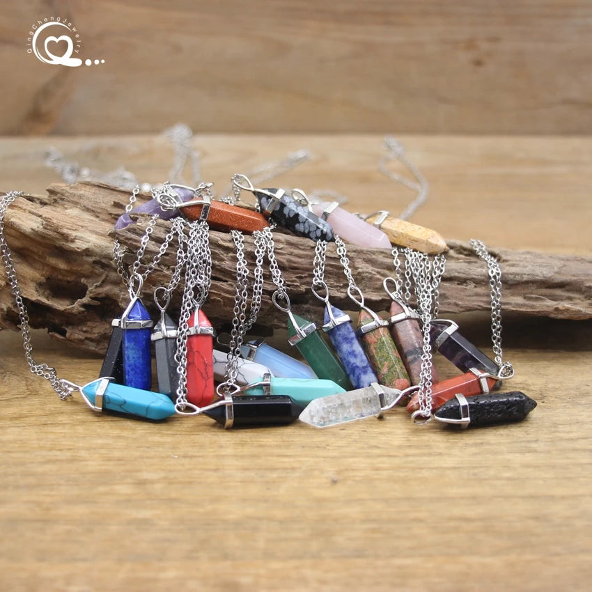 Natural Stone Hexagonal Point Pendants Necklaces Healing Crystal Quartz Fluorite Lapis Bullet Pendulum Chakra Jewelry QC3106