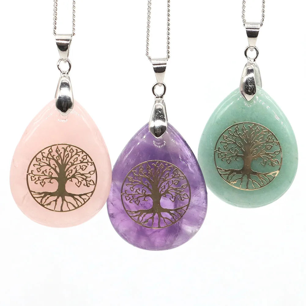 7 Chakra Stone Tree of Life Pendant Natural Water Drop Necklaces Rose Crystal Pink Quartz Amethyst Lapis Lazuli Tiger Eye Gifts