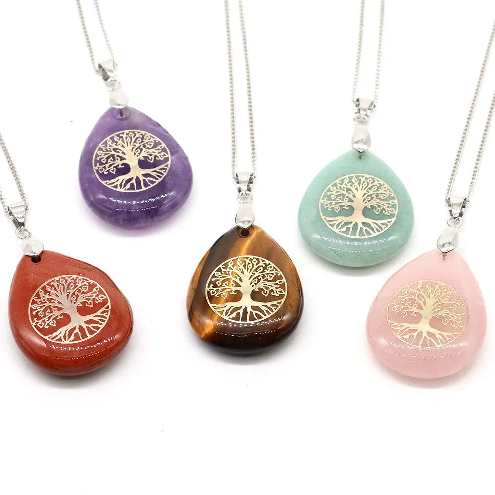 7 Chakra Stone Tree of Life Pendant Natural Water Drop Necklaces Rose Crystal Pink Quartz Amethyst Lapis Lazuli Tiger Eye Gifts