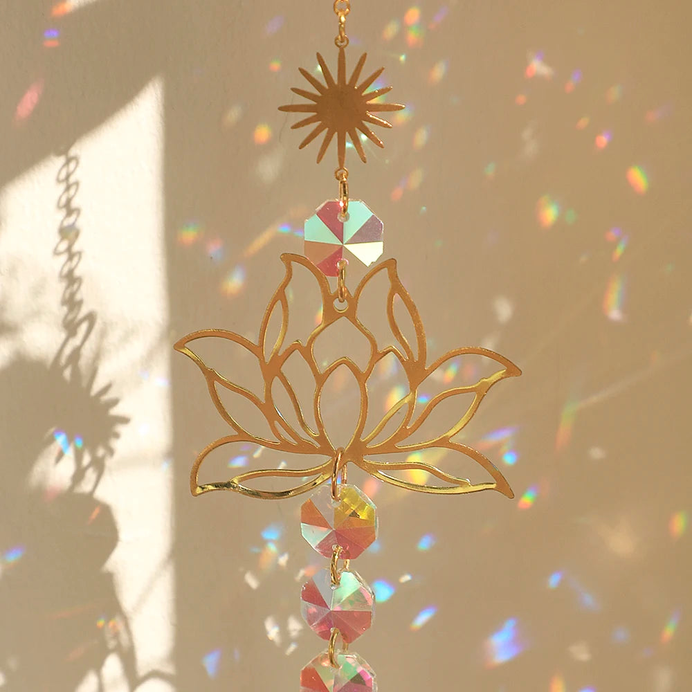 Lotus Sun Catcher Crystals Rainbow Hanging Suncatcher Chakra Light Catcher Stained Glass Prism Window Outdoor Garden Decoration