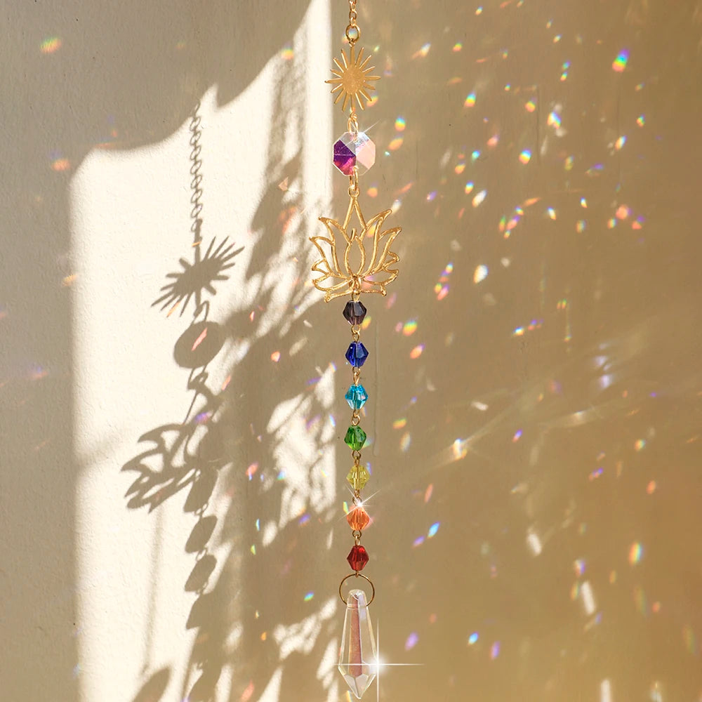 Lotus Sun Catcher Crystals Rainbow Hanging Suncatcher Chakra Light Catcher Stained Glass Prism Window Outdoor Garden Decoration