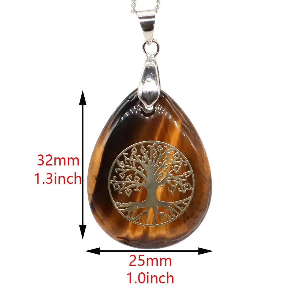 7 Chakra Stone Tree of Life Pendant Natural Water Drop Necklaces Rose Crystal Pink Quartz Amethyst Lapis Lazuli Tiger Eye Gifts