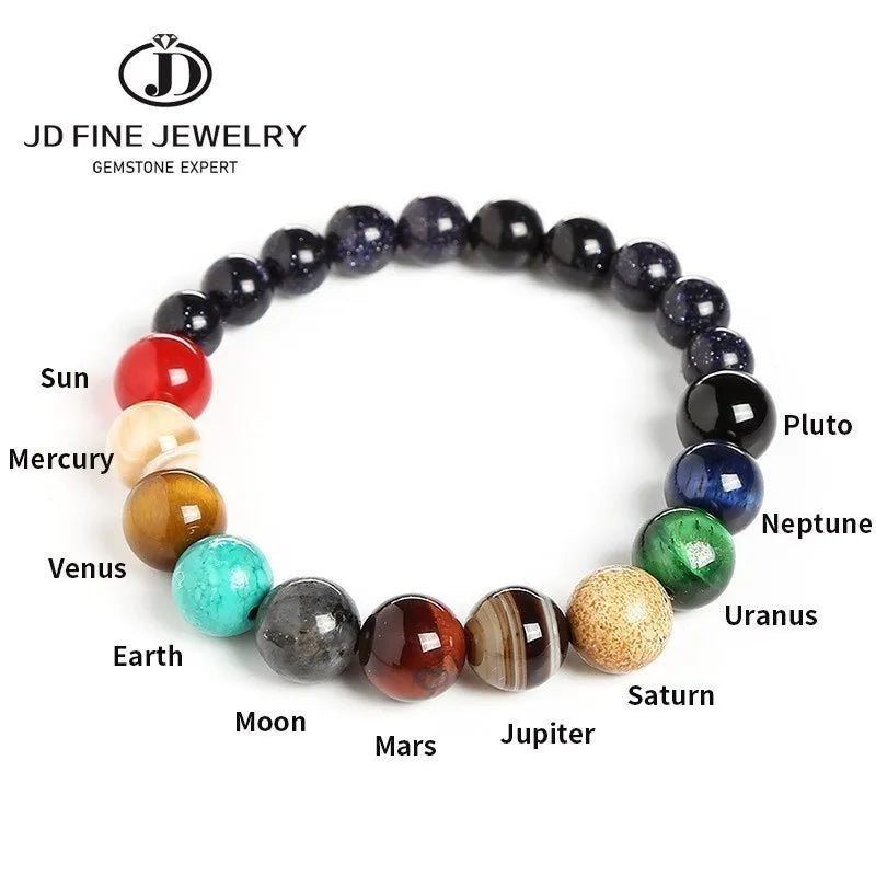 JD Natural Stone Eight Planets Bead Bracelets Men Women Universe Seven Chakra Bangle Yoga Balance Galaxy Solar Wristband Jewelry