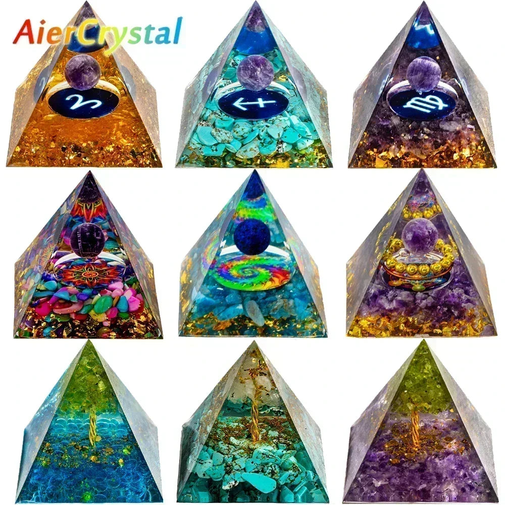 Natural Crystal Energy Generator Pyramid Peridot Amethyst Reiki Healing Chakra Resin Pyramid Egyptian Decor Room Decoration 1pc