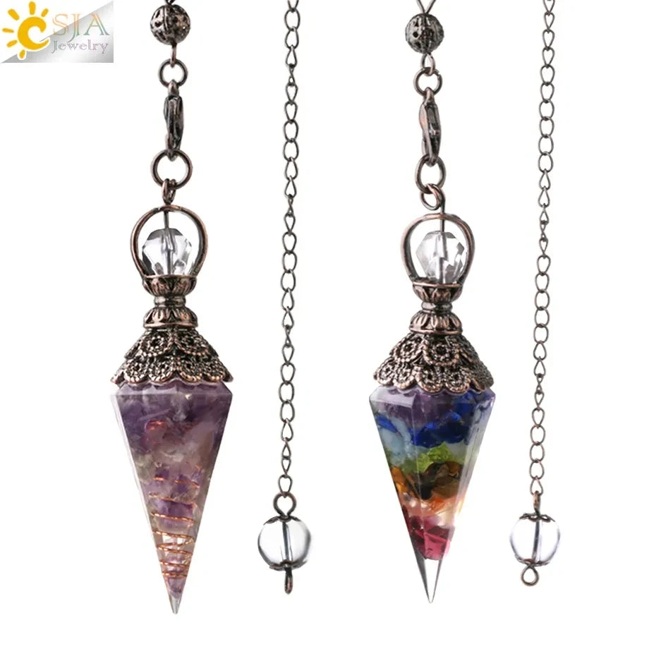 CSJA 7 Chakra Healing Crystals Pendulum for Dowsing Divination Quartz Natural Stone Pendulums Antique Reiki Pendant Pendulo G854