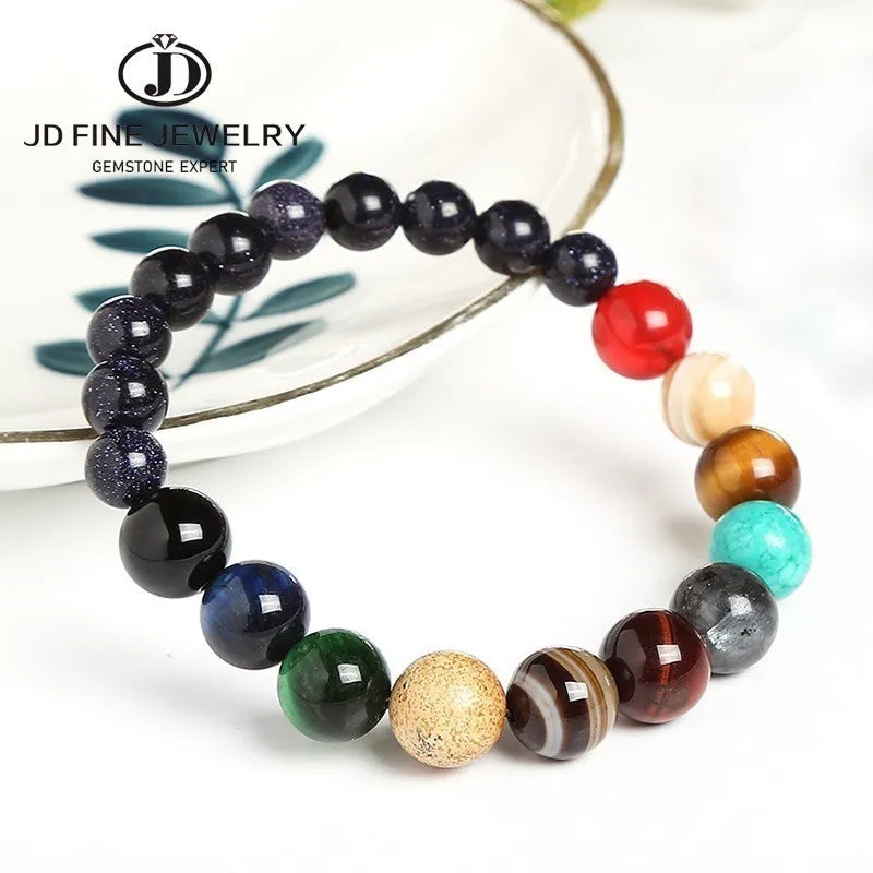 JD Natural Stone Eight Planets Bead Bracelets Men Women Universe Seven Chakra Bangle Yoga Balance Galaxy Solar Wristband Jewelry