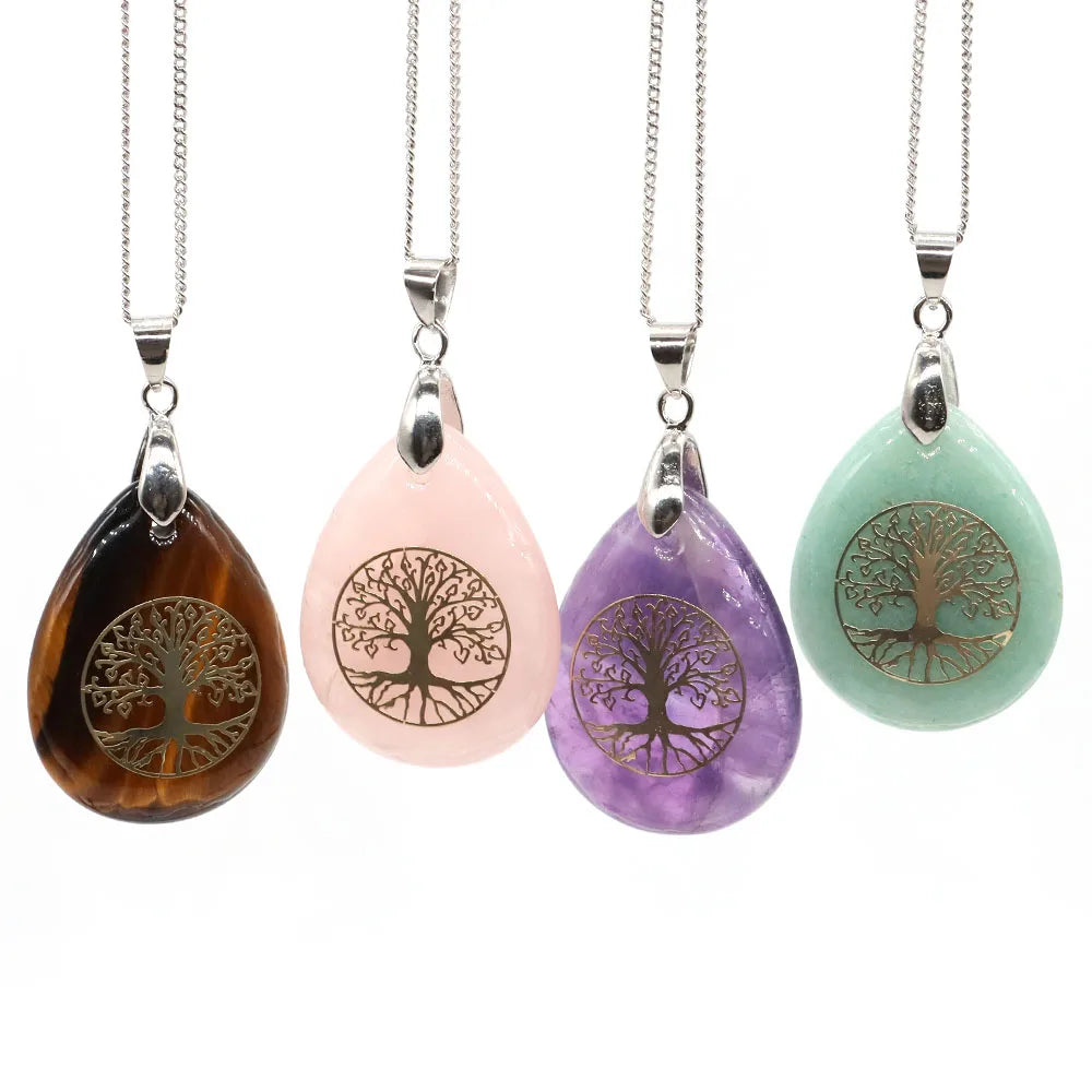 7 Chakra Stone Tree of Life Pendant Natural Water Drop Necklaces Rose Crystal Pink Quartz Amethyst Lapis Lazuli Tiger Eye Gifts