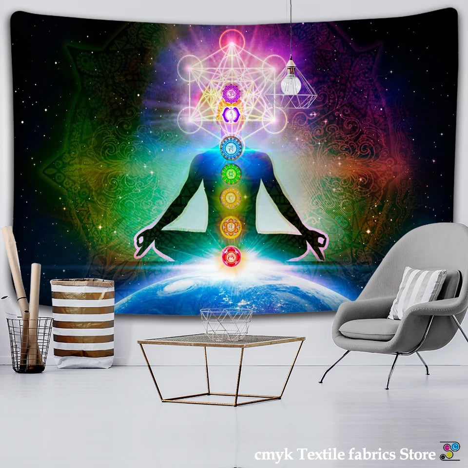 Indian Buddha Statue Meditation 7 Chakra Tapestry Wall Hanging Mandala Tapestries Wall Cloth Psychedelic Yoga Carpet Boho Decor