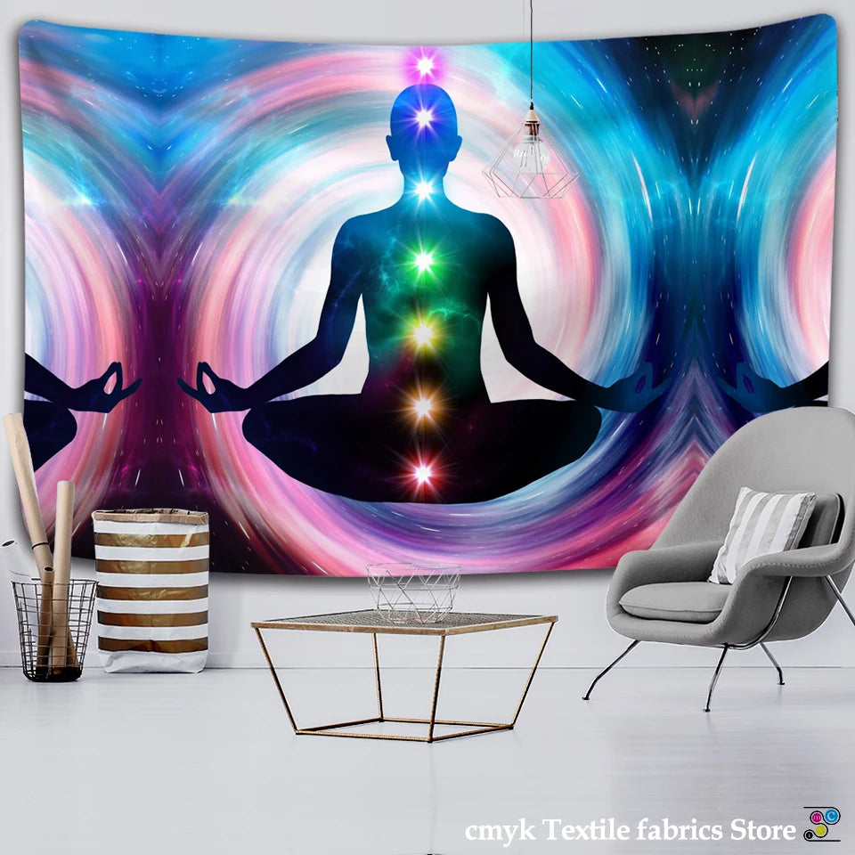 Indian Buddha Statue Meditation 7 Chakra Tapestry Wall Hanging Mandala Tapestries Wall Cloth Psychedelic Yoga Carpet Boho Decor