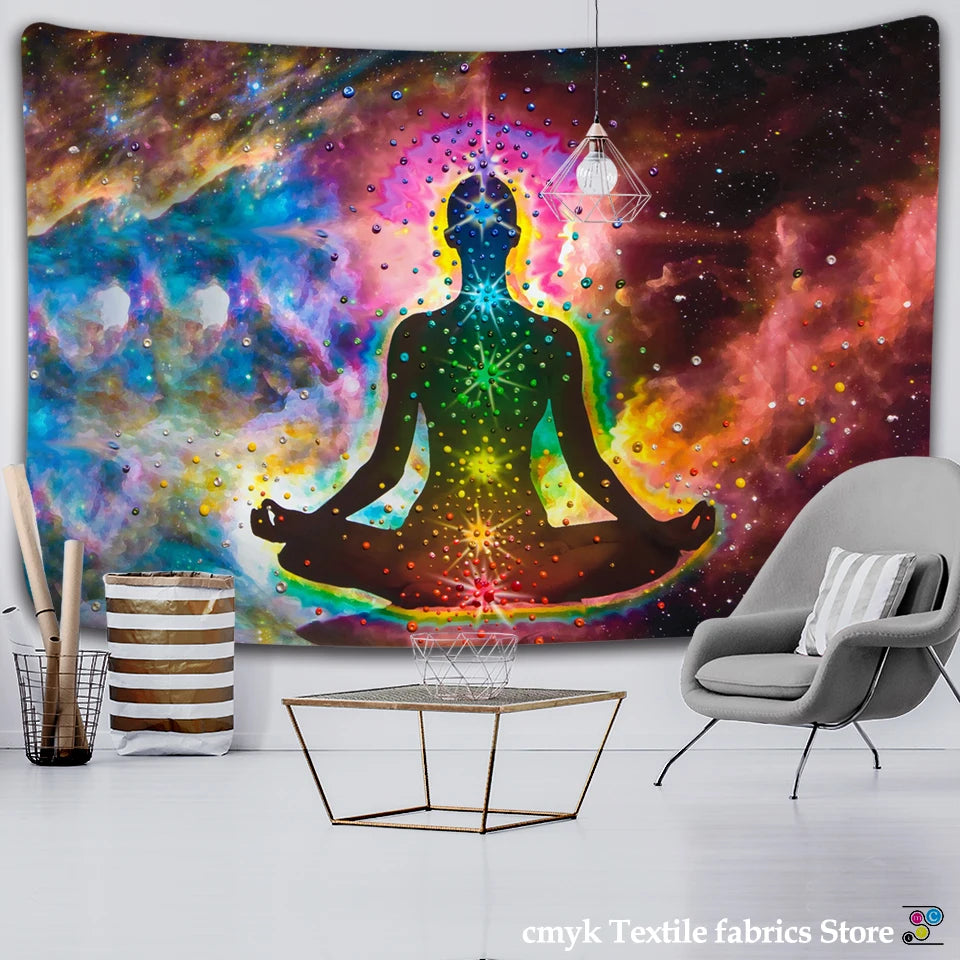 Indian Buddha Statue Meditation 7 Chakra Tapestry Wall Hanging Mandala Tapestries Wall Cloth Psychedelic Yoga Carpet Boho Decor